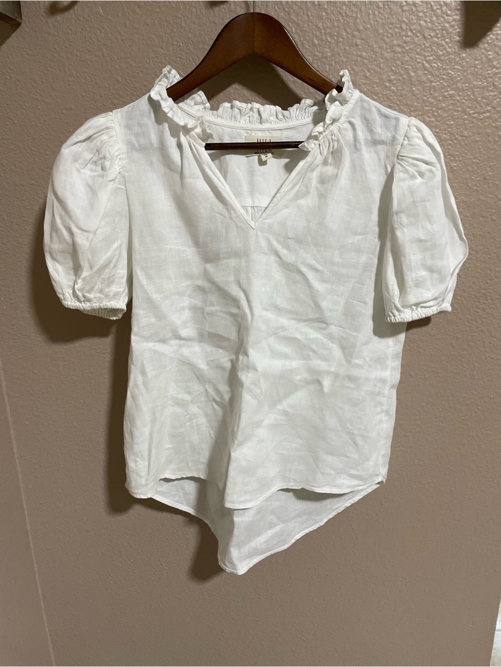 Mila White Ruffled Neck Puff Sleeve Linen Top